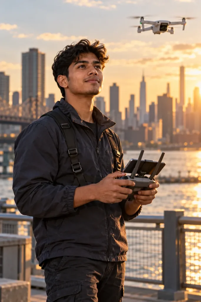 Drone pilot on the Long Island City waterfront