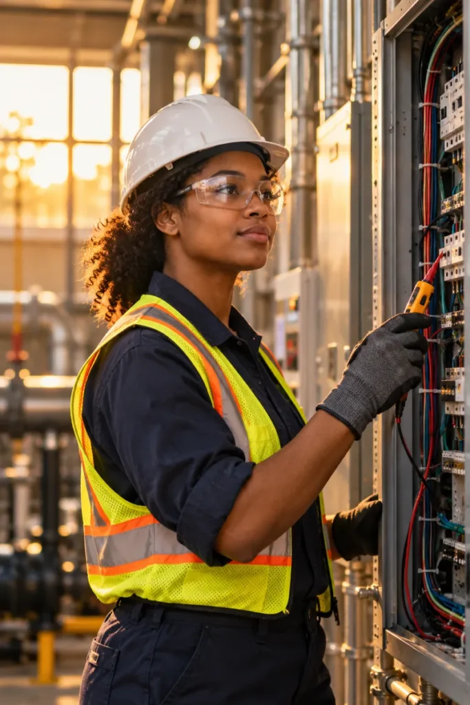 Electrical apprentice at an electrical panel