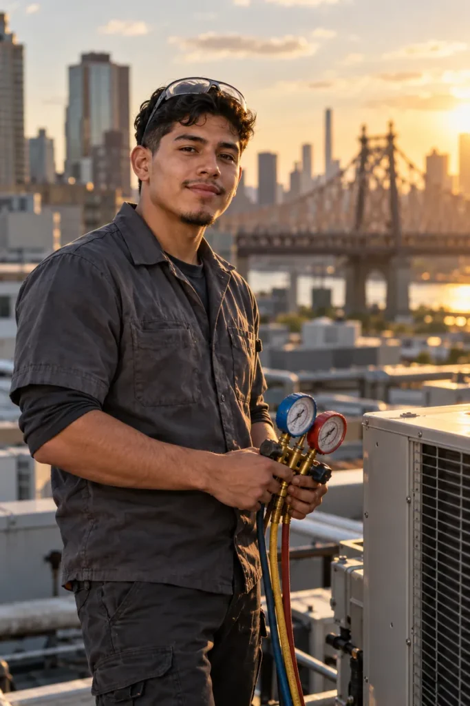 HVAC technician on a Long Island City rooftop