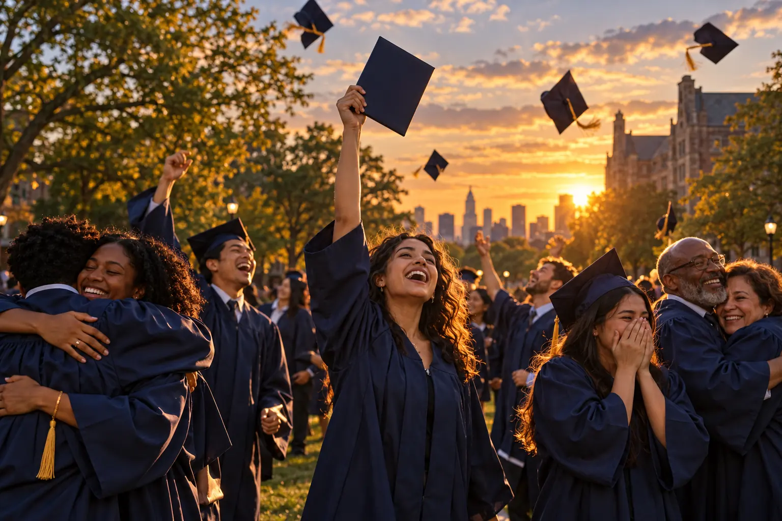 Graduates tossing caps on a campus lawn at sunset