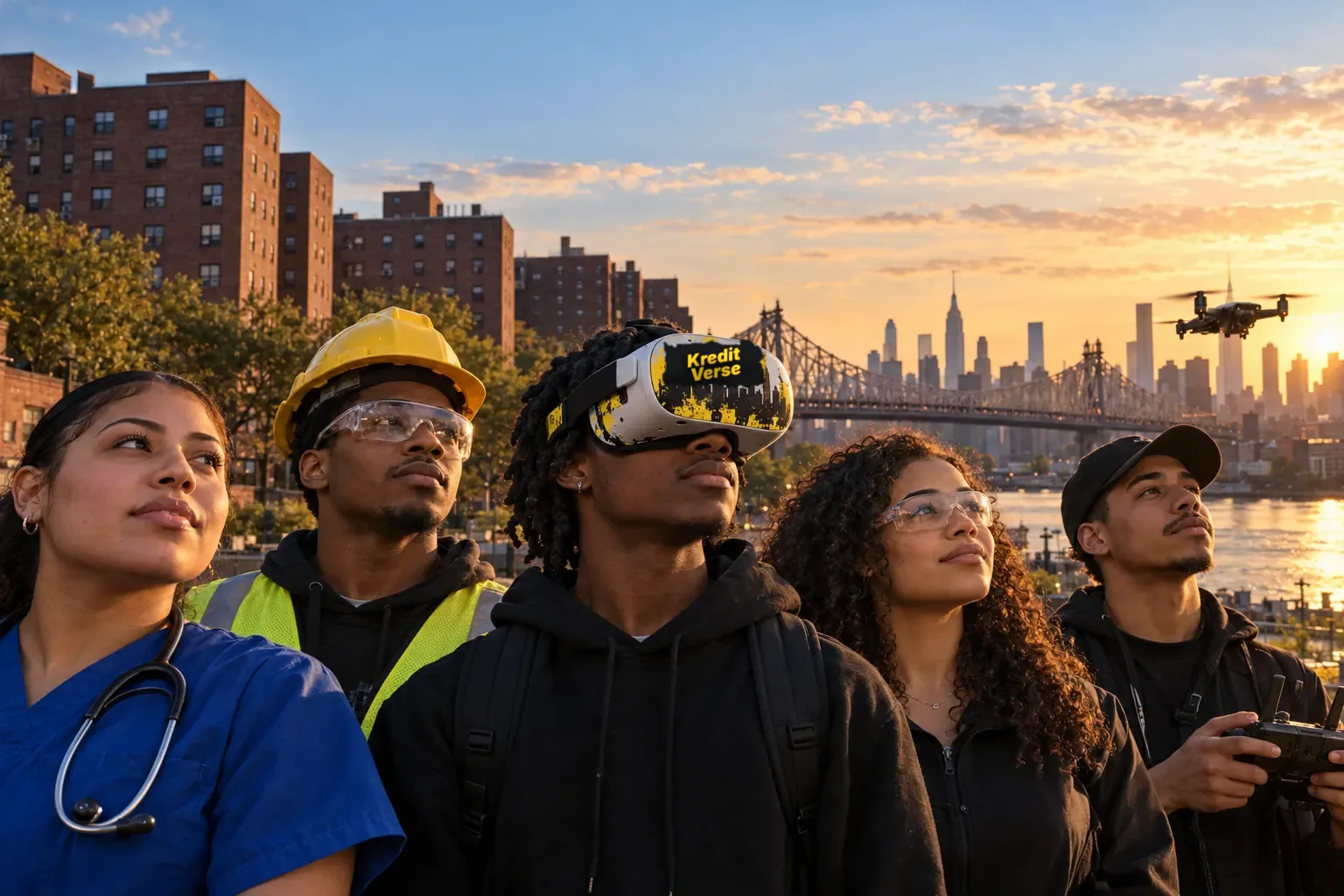 Five Queensbridge residents in scrubs, a hard hat, a KreditVerse VR headset and with a drone controller, in front of Queensbridge Houses and the Queensboro Bridge at sunset