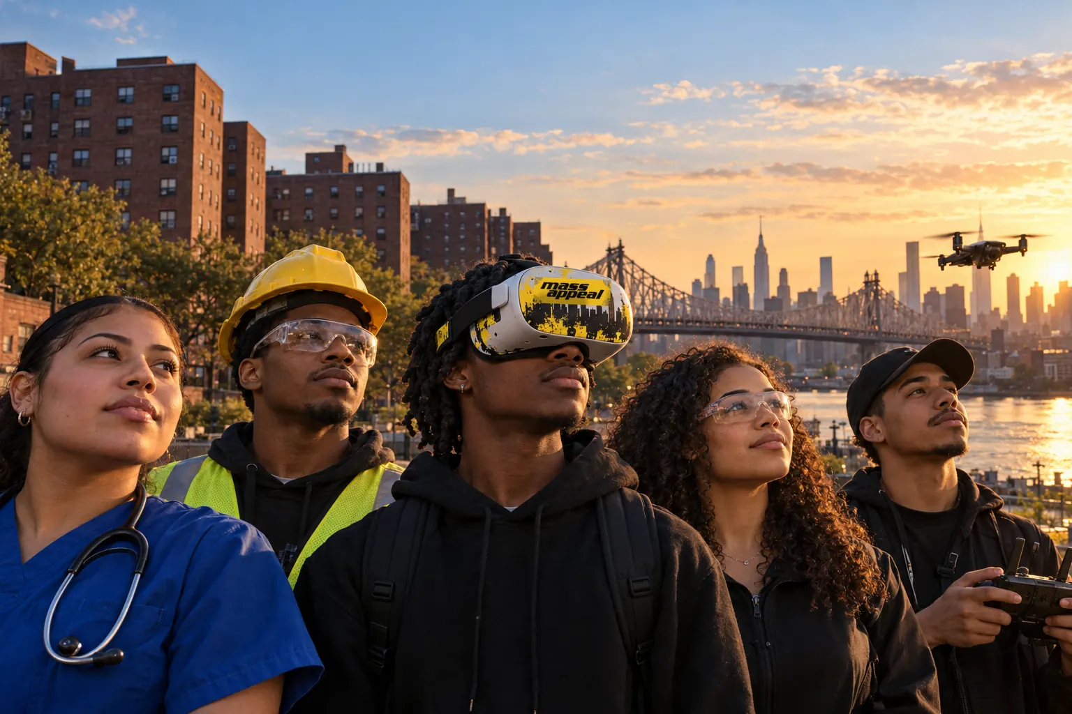 Five Queensbridge residents in scrubs, a hard hat, a Mass Appeal VR headset and with a drone controller, in front of Queensbridge Houses and the Queensboro Bridge at sunset