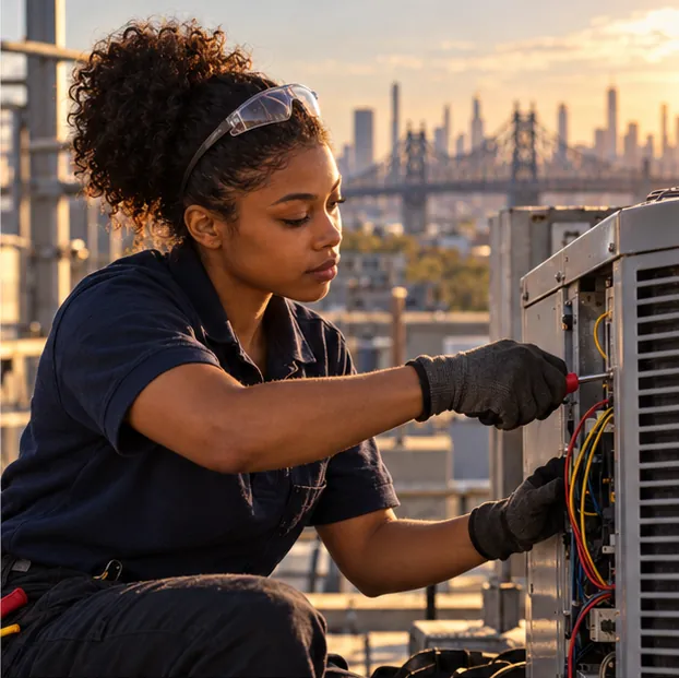 Hands-on HVAC training on a condenser unit