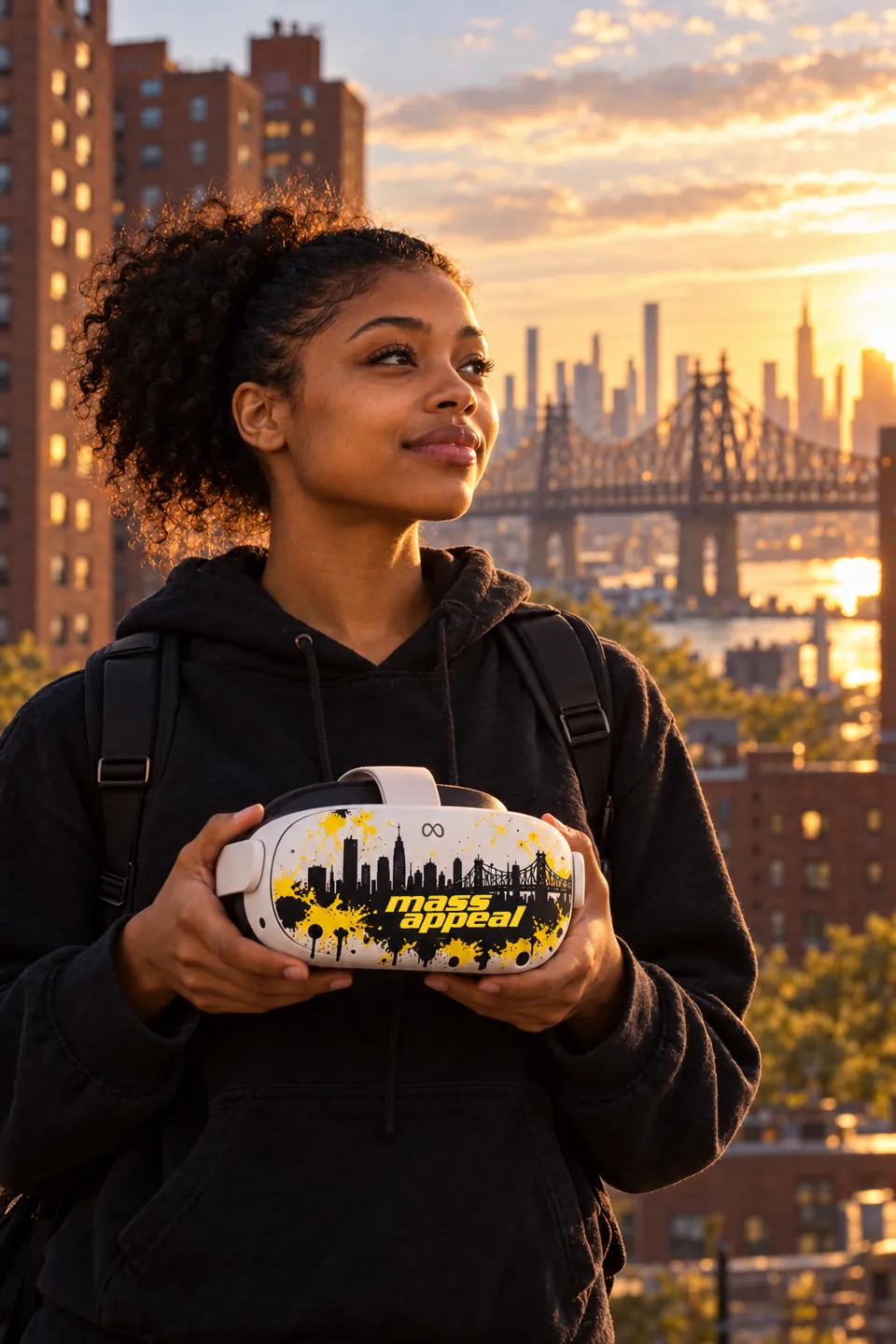 A young woman holds her Mass Appeal Meta Quest 3 headset in front of Queensbridge Houses
