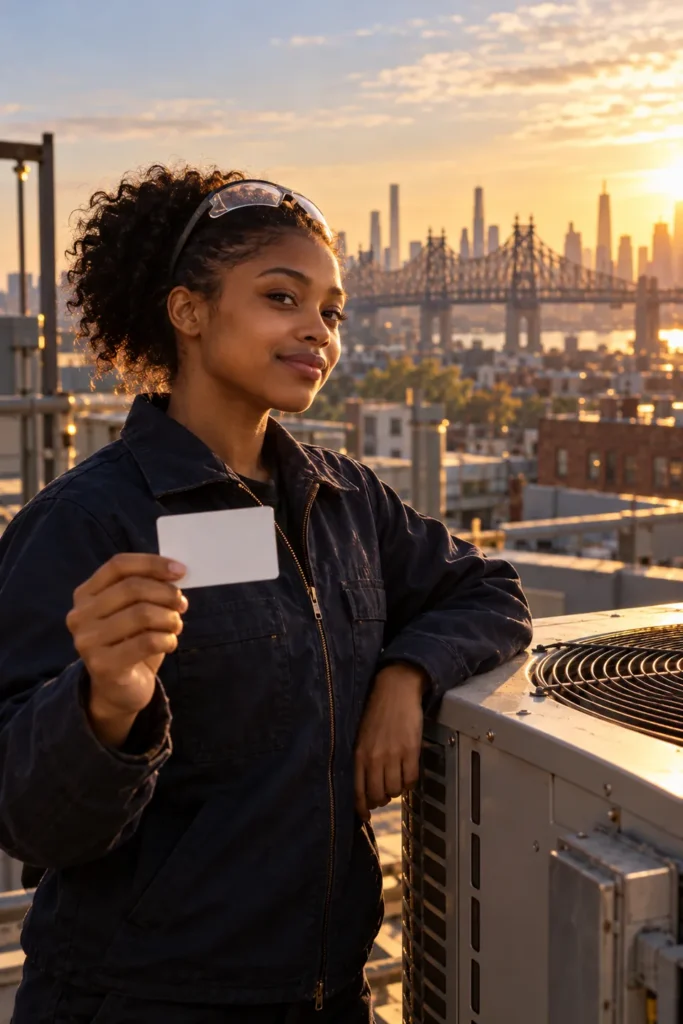 A newly certified HVAC technician holds up her card on a Long Island City rooftop
