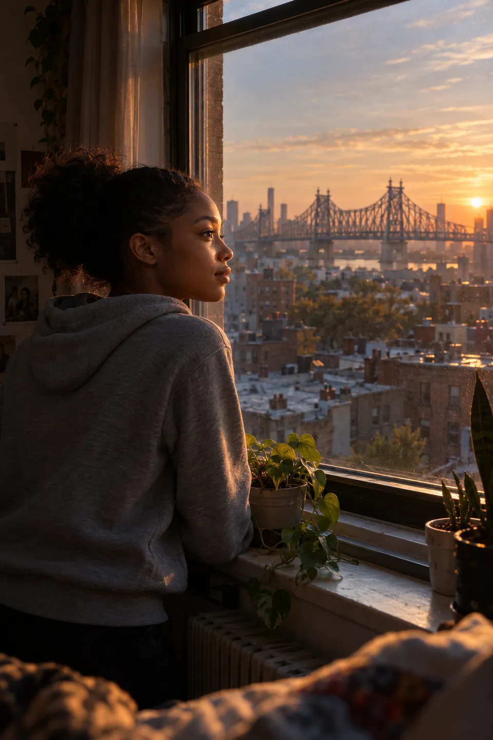 A young woman looks out her Queens apartment window at the Queensboro Bridge at dawn